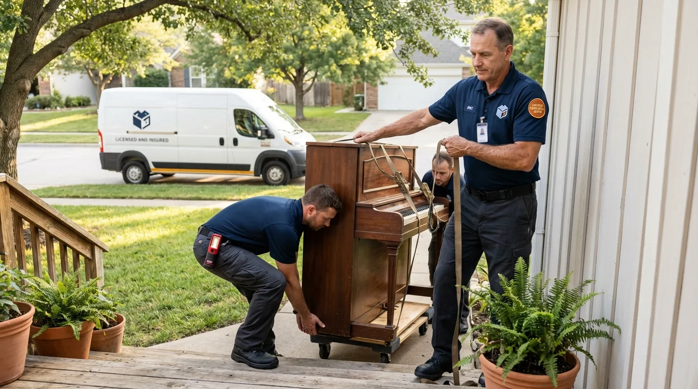 Licensed piano movers securing grand piano in Wayne, NJ