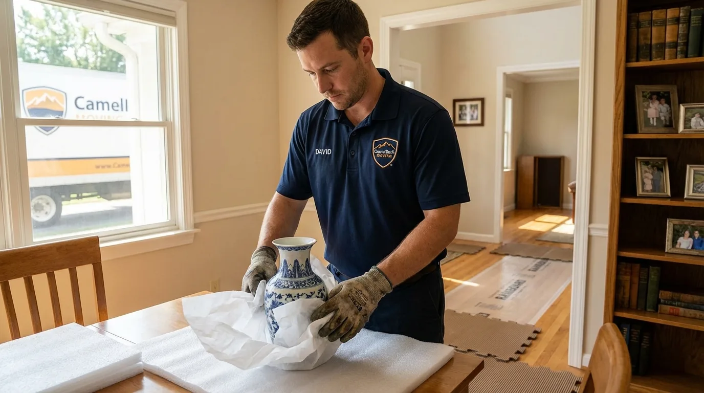 Professional crew carefully wrapping antique vase for senior downsizing move in Wayne, NJ